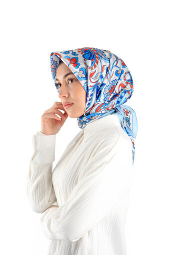 Ice Blue Floral Pattern Voile Silk Square Scarf 