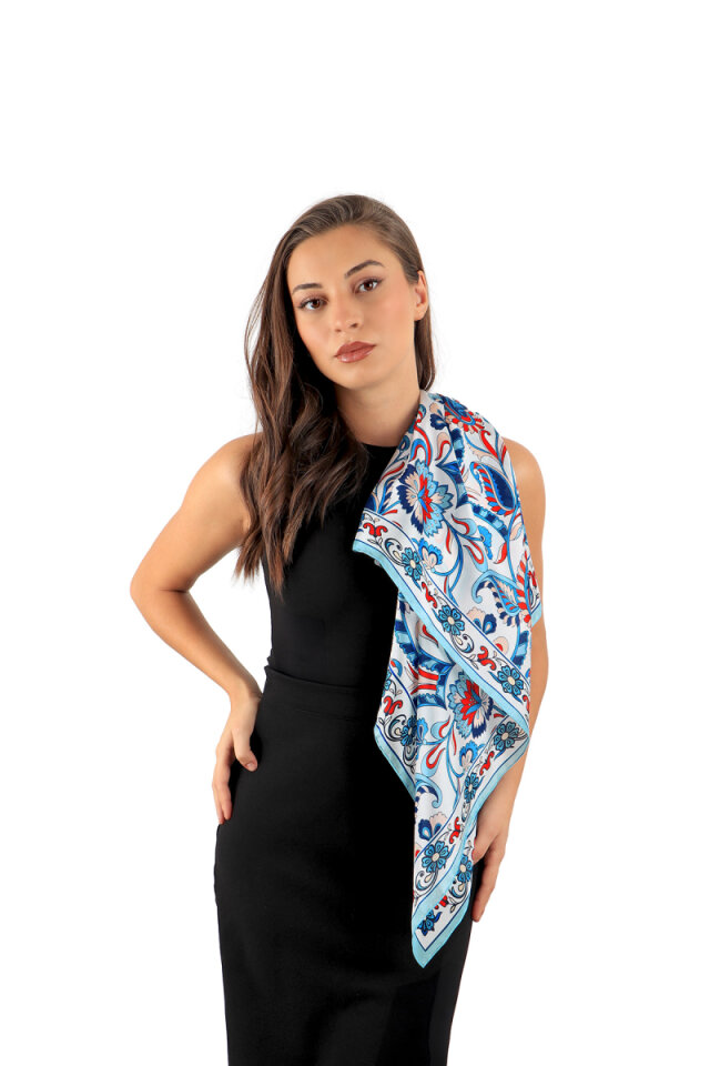 Ice Blue Floral Pattern Voile Silk Square Scarf - 2