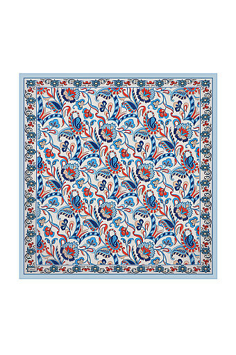 Ice Blue Floral Pattern Voile Silk Square Scarf 
