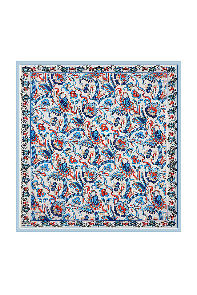 Ice Blue Floral Pattern Voile Silk Square Scarf - Bursa İpek