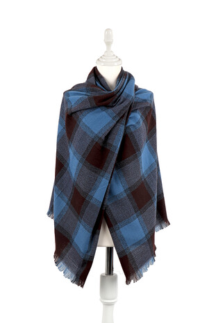 Indigo Brown Plaid Pattern Winter Shawl 