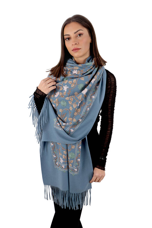 Indigo Embroidered Winter Shawl - 2