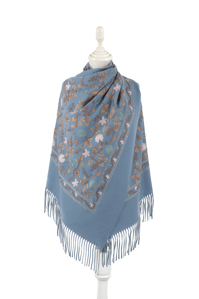 Indigo Embroidered Winter Shawl - Bursa İpek