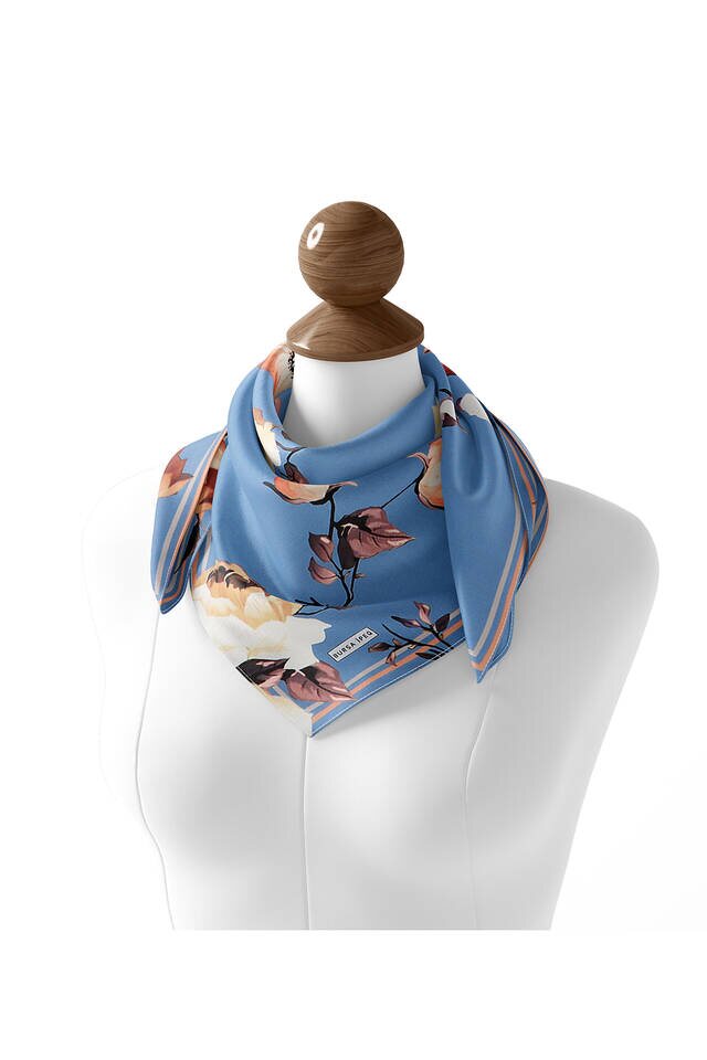 Indigo Floral Twill Silk Square Scarf - 3