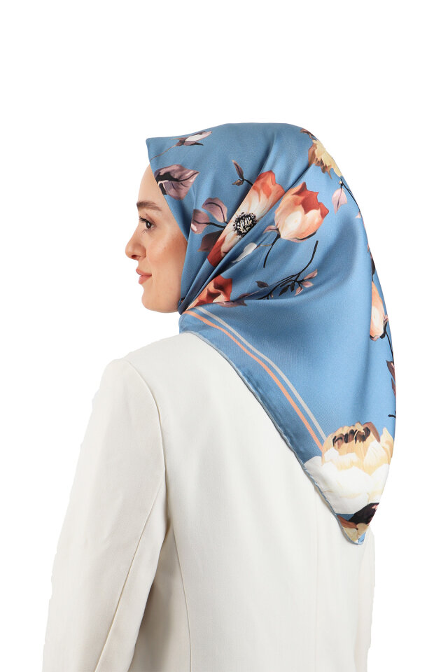 Indigo Floral Twill Silk Square Scarf 