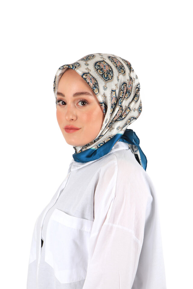 İndigo Hatai Desen İpek Eşarp 