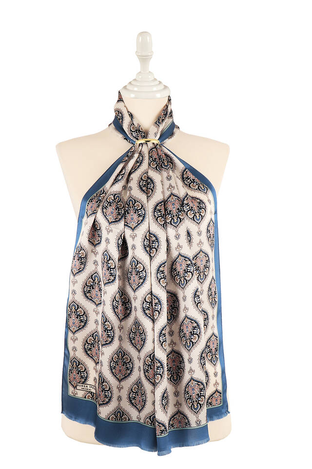 Indigo Hatai Pattern Narrow Silk Foulard - 2