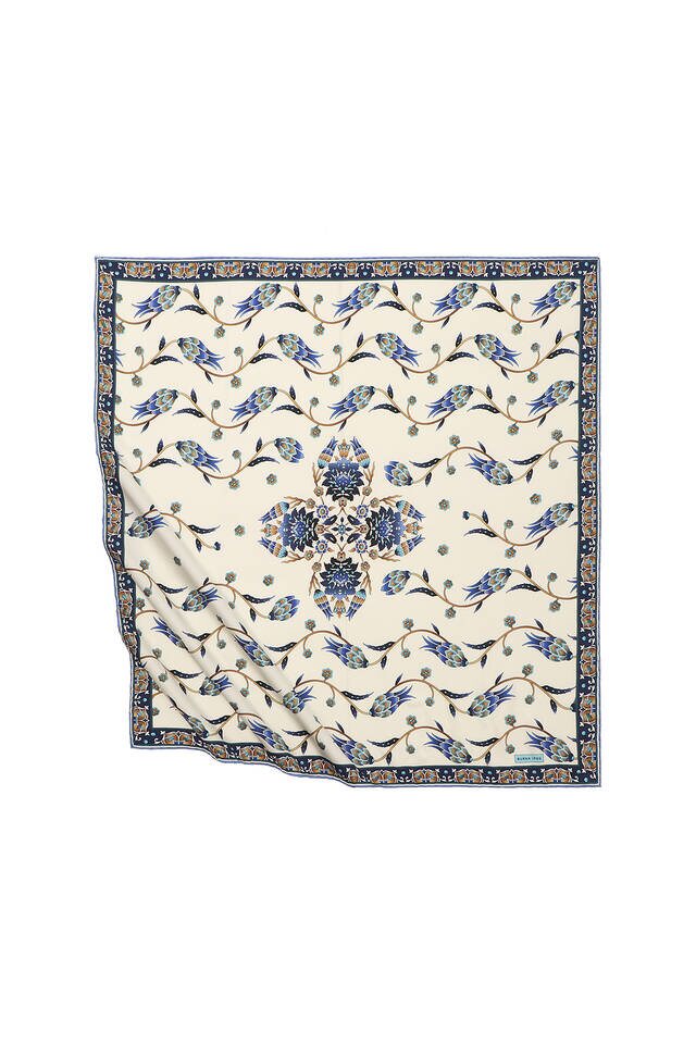 Indigo Sequin Tulip Pattern Silky Square Scarf - Bursa İpek