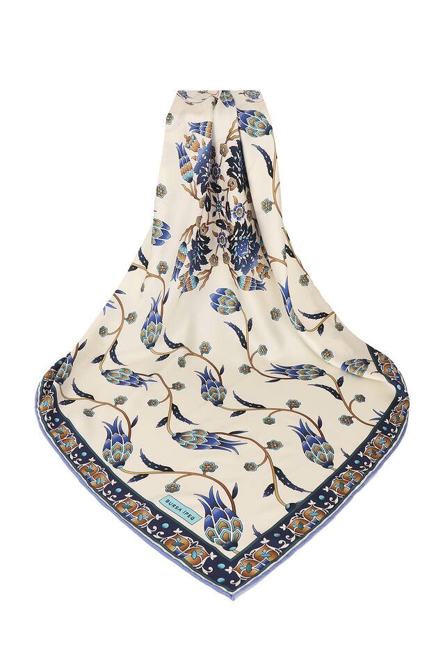 Indigo Sequin Tulip Pattern Silky Square Scarf - 3