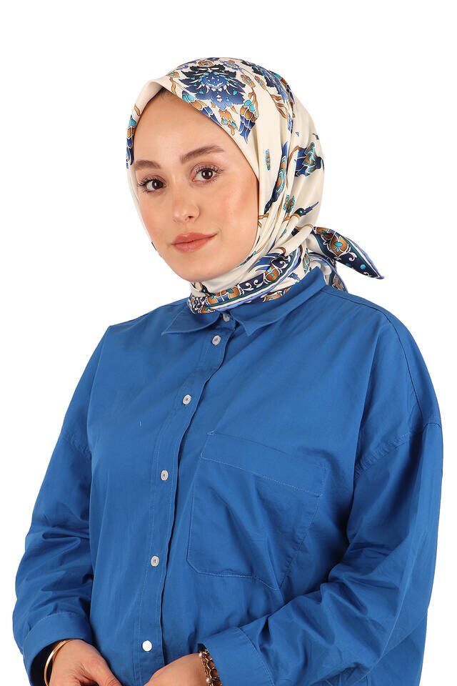 Indigo Sequin Tulip Pattern Silky Square Scarf - 2