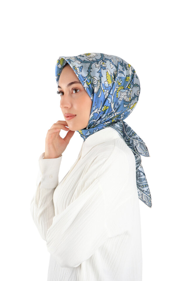 Indigo Shawl Pattern Voile Silk Square Scarf 