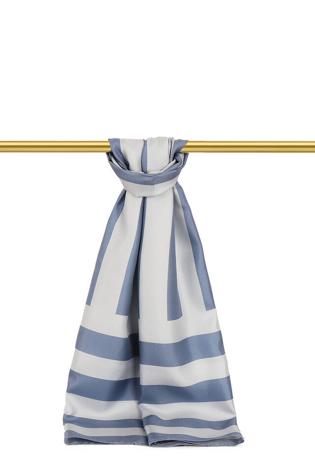 Indigo Stripe Pattern Twill Silk Scarf 