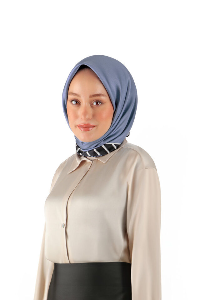 Indigo Stripe Pattern Twill Silk Square Scarf - 1