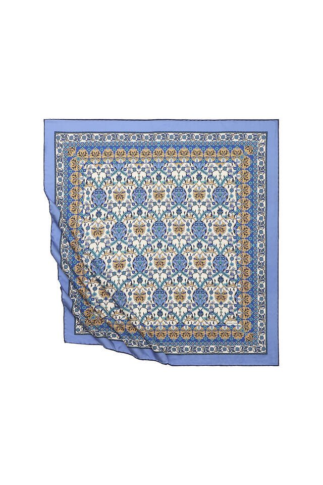 Indigo Tile Tulip Pattern Silky Square Scarf - Bursa İpek
