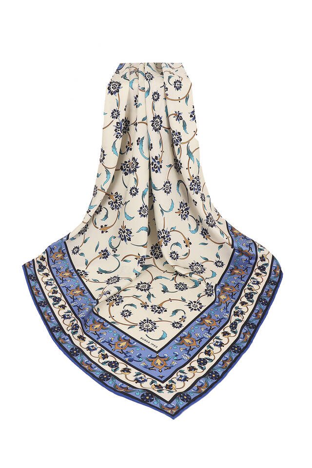 Indigo Wildflower Pattern Silky Square Scarf - 3