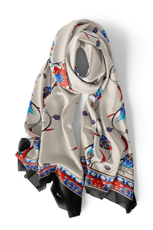 Kırmızı Siyah Sıra Lale İpek Fular - 3