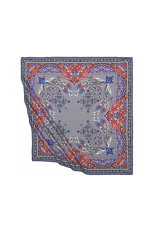 Gri Türk Motifli Şamdan Lale Desen İpeksi Eşarp 