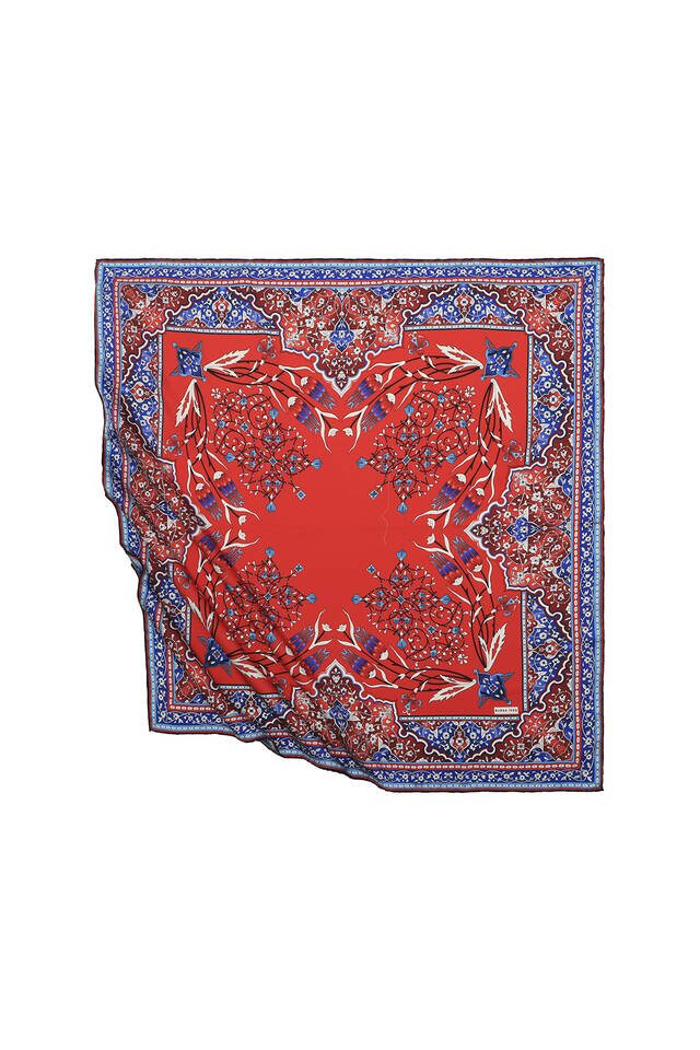 Kırmızı Türk Motifli Şamdan Lale Desen İpeksi Eşarp - 1