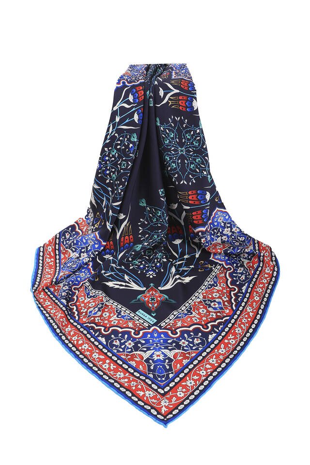Lacivert Türk Motifli Şamdan Lale Desen İpeksi Eşarp - 3