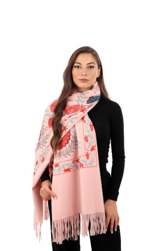 Pembe Nakışlı Kışlık Şal 