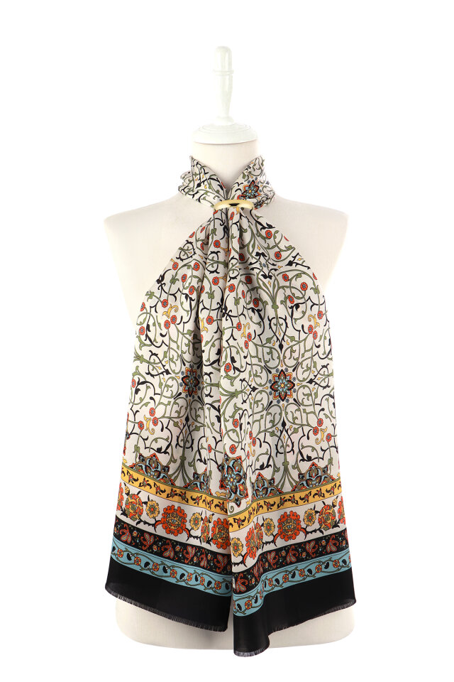 Black Ivy Pattern Narrow Silk Scarf - 2