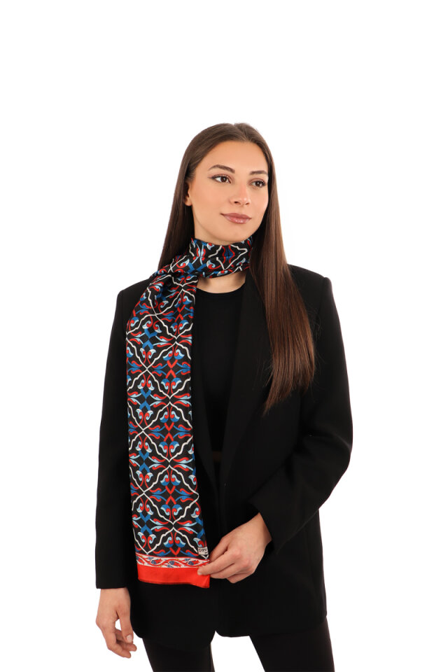 Red Ivy Pattern Voile Silk Scarf - Bursa İpek
