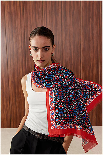 Red Ivy Pattern Voile Silk Scarf 