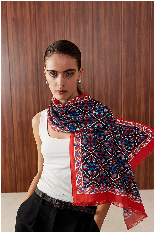 Red Ivy Pattern Voile Silk Scarf - Bursa İpek