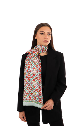 Aqua Green Ivy Pattern Voile Silk Scarf 