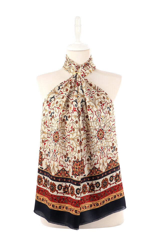 Beige Ivy Pattern Narrow Silk Scarf - 2