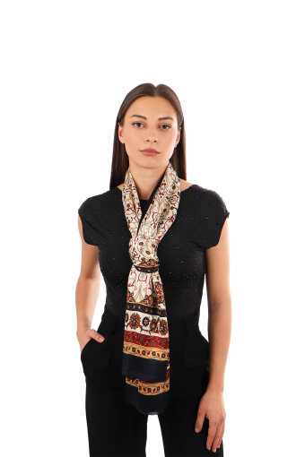 Beige Ivy Pattern Narrow Silk Scarf 