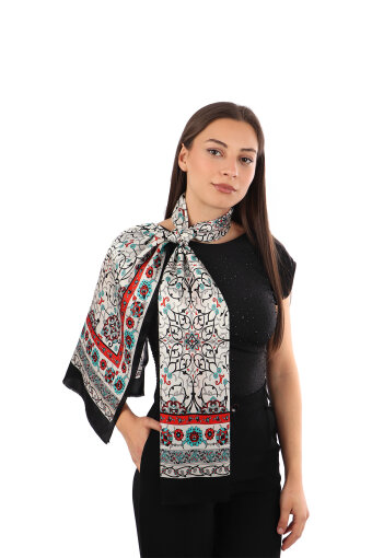 Black Ivy Pattern Narrow Silk Scarf 