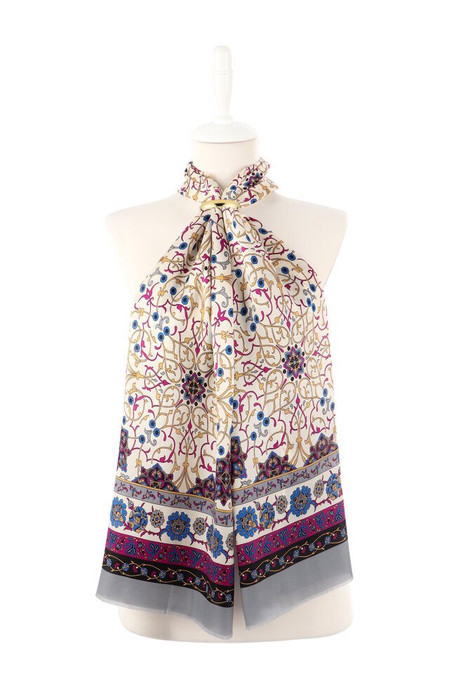 Gray Ivy Pattern Narrow Silk Scarf - 2