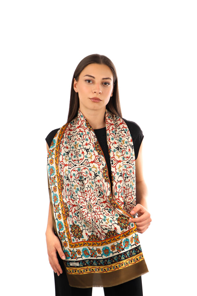 Khaki Ivy Pattern Narrow Silk Scarf 