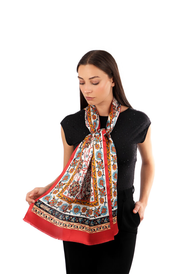 Burgundy Ivy Pattern Narrow Silk Scarf 