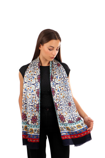 Navy Blue Ivy Pattern Narrow Silk Scarf 