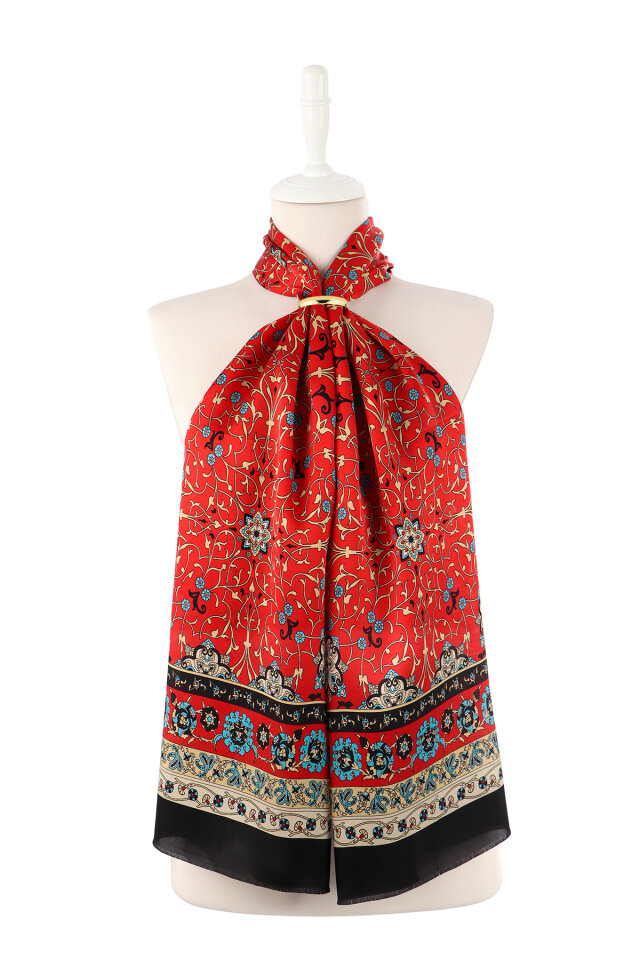 Red Ivy Pattern Narrow Silk Scarf - 2