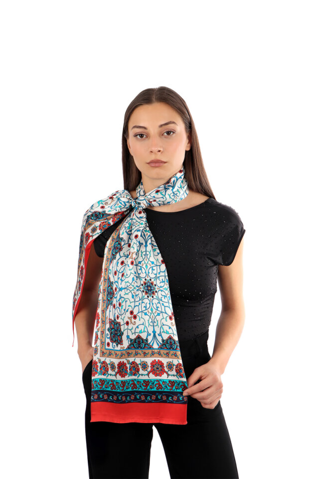 Red Ivy Pattern Narrow Silk Scarf 