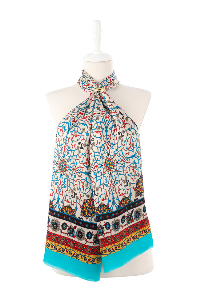 Turquoise Ivy Pattern Narrow Silk Scarf - 2