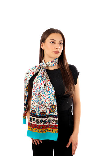 Turquoise Ivy Pattern Narrow Silk Scarf 