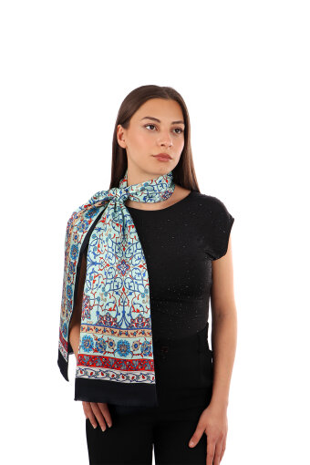 Aqua Green Ivy Pattern Narrow Silk Scarf 