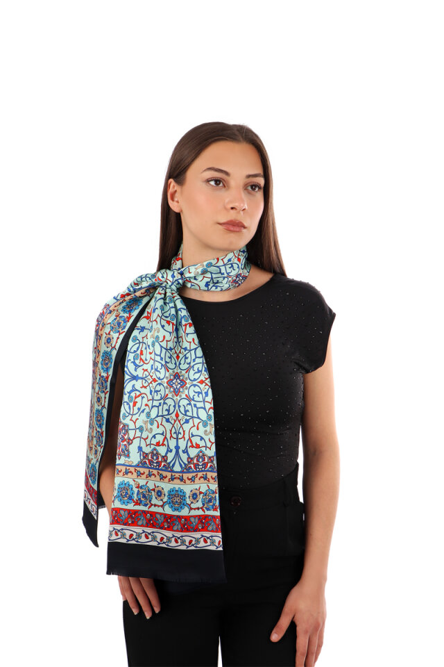 Aqua Green Ivy Pattern Narrow Silk Scarf 