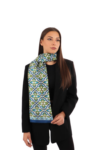Navy Blue Ivy Pattern Voile Silk Scarf 