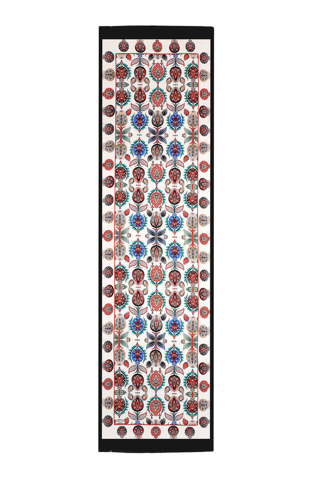Siyah İznik Desen Dar İpek Fular - 4