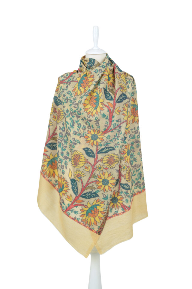 Bej Jakar Desenli Yün Şal - Bursa İpek