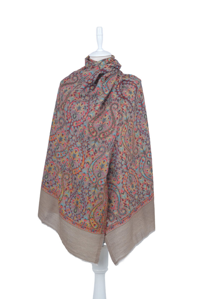 Kül Gri Jakar Desenli Yün Şal - 1