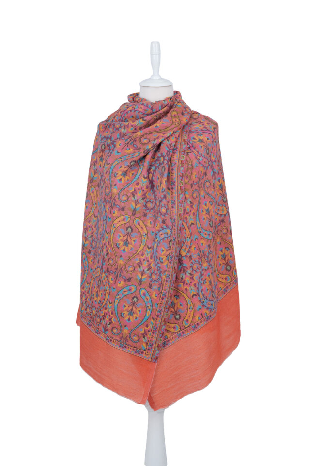Turuncu Jakar Desenli Yün Şal - 1
