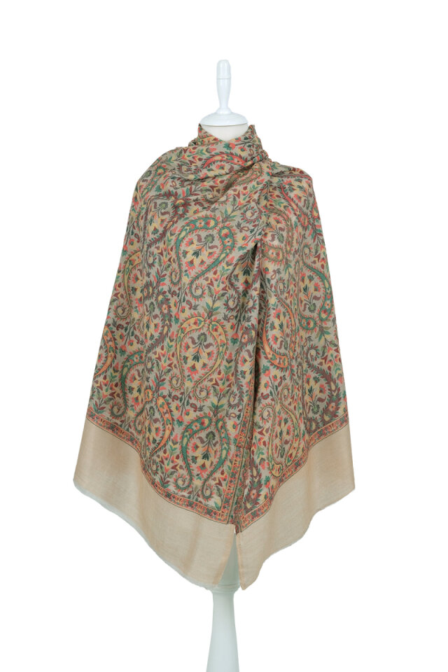 Sütlü Kahve Jakar Desenli Yün Şal - 1