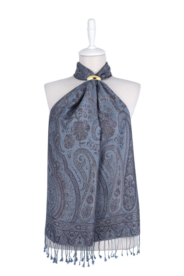 Füme İndigo Jamawar Dokuma İpek Fular - 1