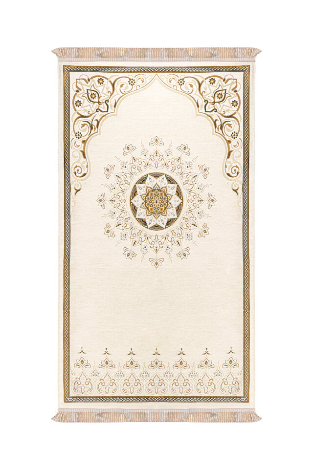 Krem Mandala Desen Kabartmalı Özel Dokuma Seccade 